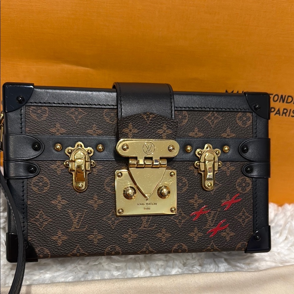 Louis Vuitton Brown Monogram Trunk Clutch with Gold and Red Accents